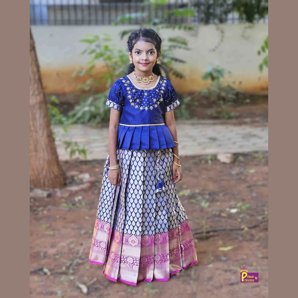 Kids Neavy Blue Traditional AARI Work pattu Pavadai PPP1544