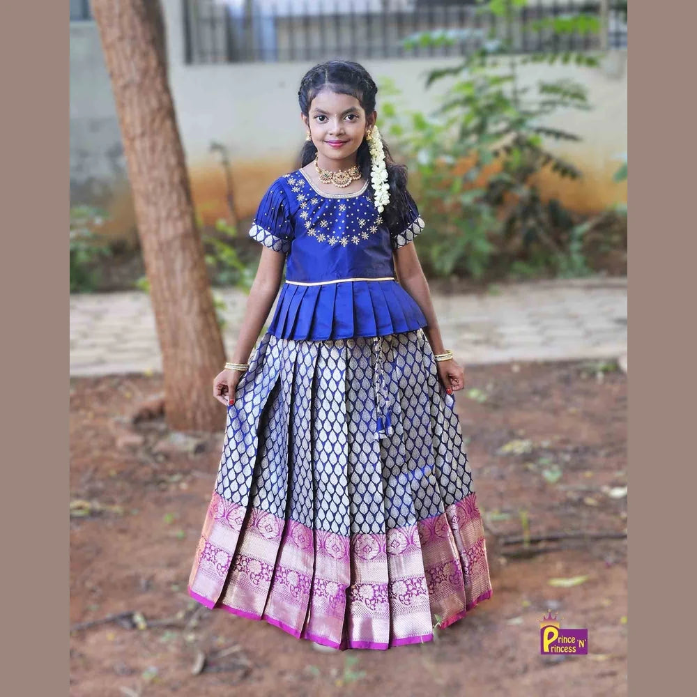 Kids Neavy Blue Traditional AARI Work pattu Pavadai PPP1544