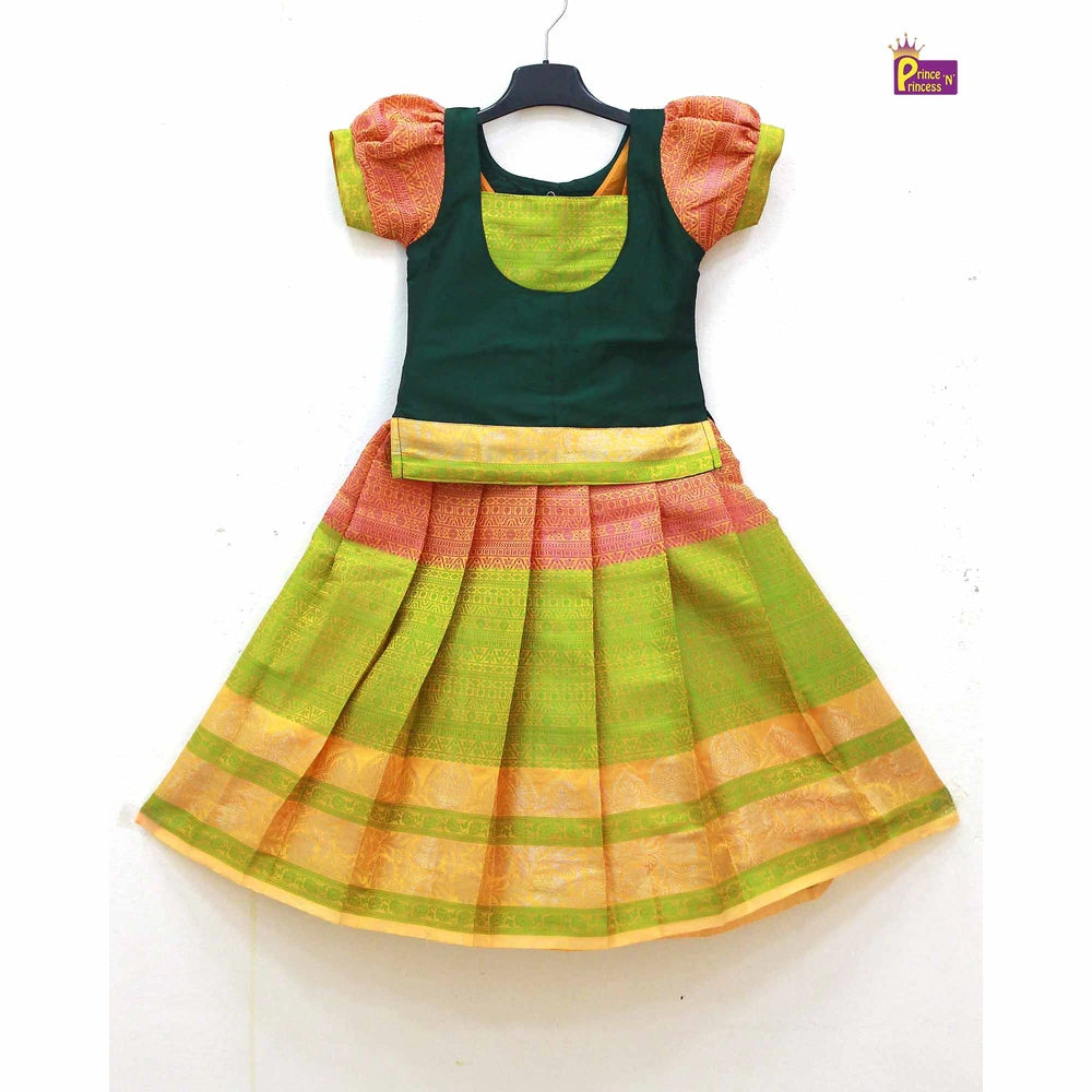 Kids Oramge and Dark green Traditional Pattupavadai PPP1594