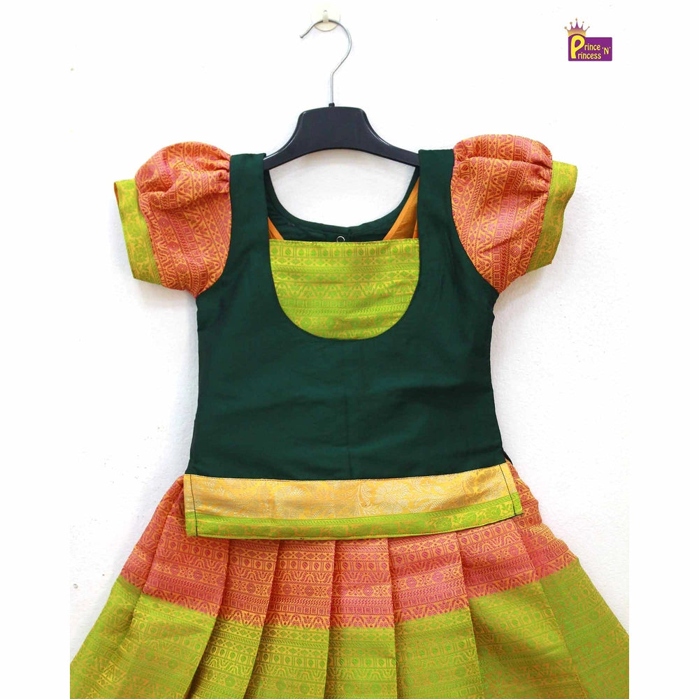 Kids Oramge and Dark green Traditional Pattupavadai PPP1594