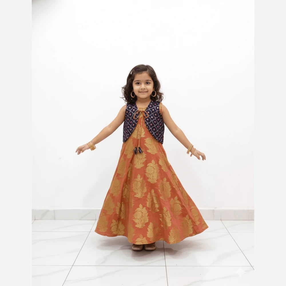 Kids Orange Navy Ethnic Coat Gown PG112