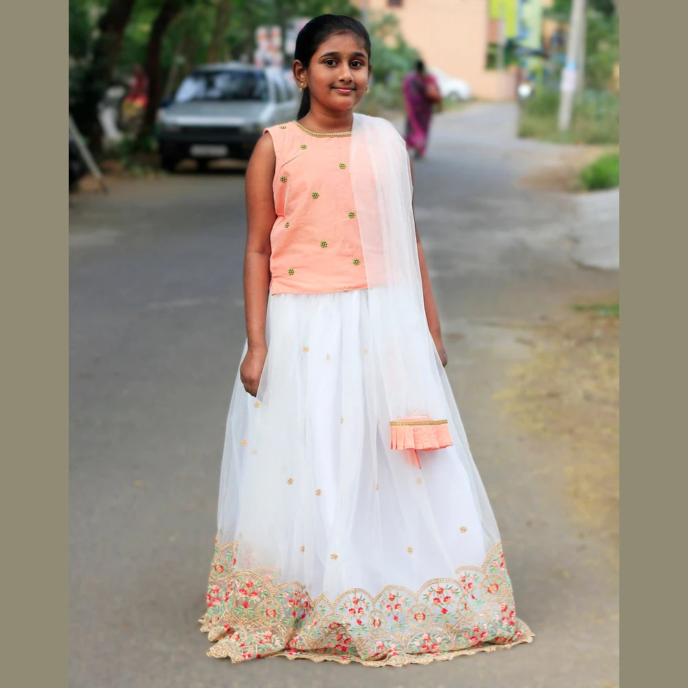 Kids Peach white Embroidery Border Lehenga Choli LC125