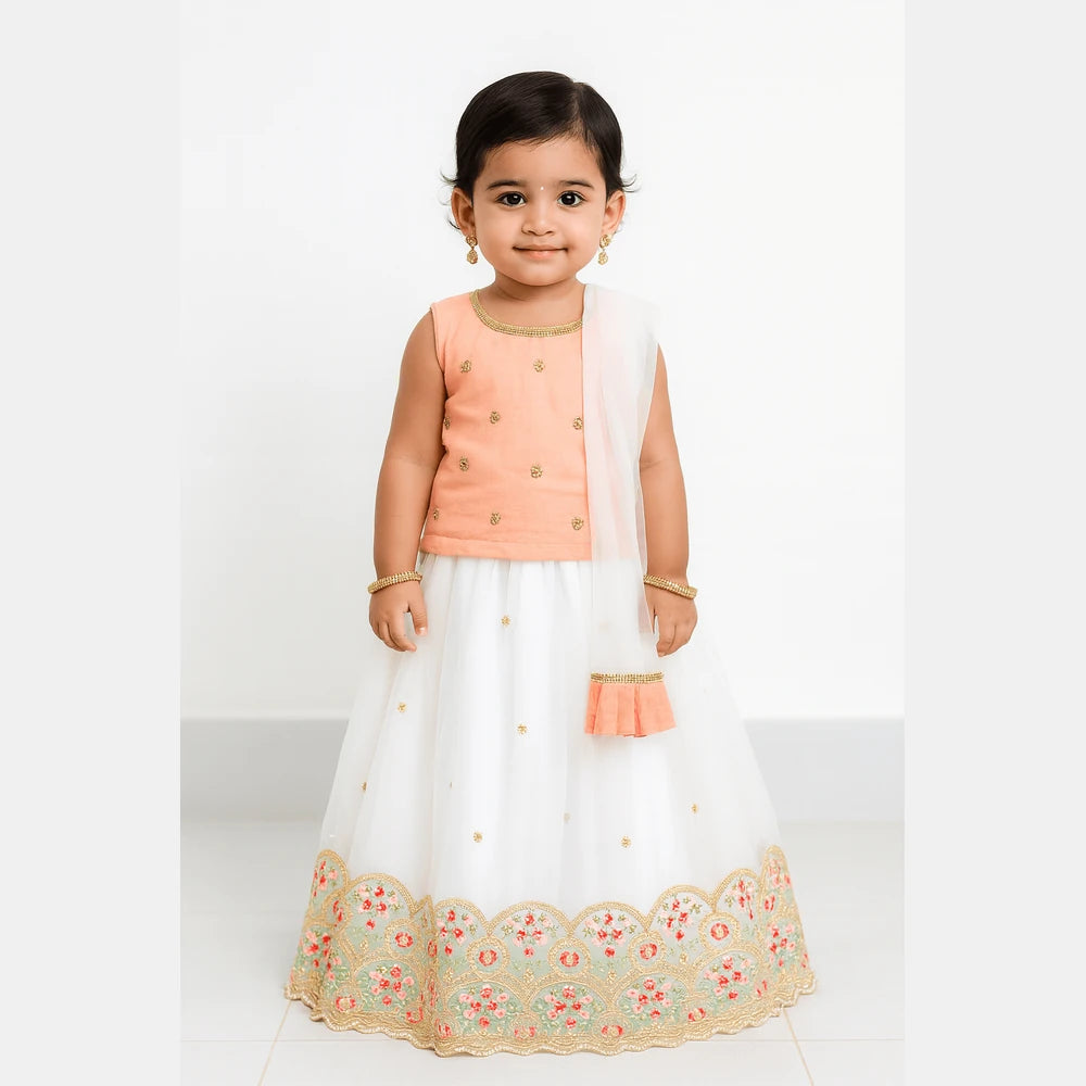 Kids Peach white Embroidery Border Lehenga Choli LC125