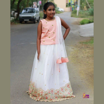Kids Peach white Embroidery Border Lehenga Choli LC125