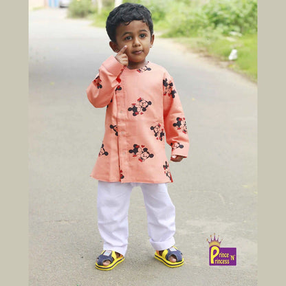 Kids Peach With Micky Mouse Printed Cotton Kurta KP024