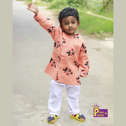 Kids Peach With Micky Mouse Printed Cotton Kurta KP024