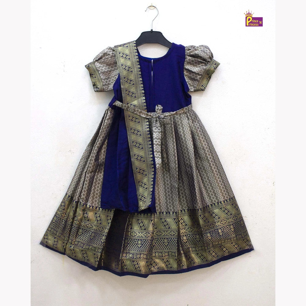 Pattu Gown Pepsi Blue Aari Work Banarasi Silk with Shawl | Baby Girl Festive Wear PG579