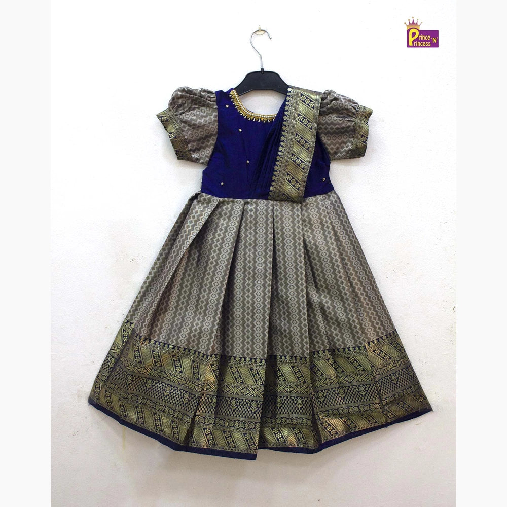 Pattu Gown Pepsi Blue Aari Work Banarasi Silk with Shawl | Baby Girl Festive Wear PG579