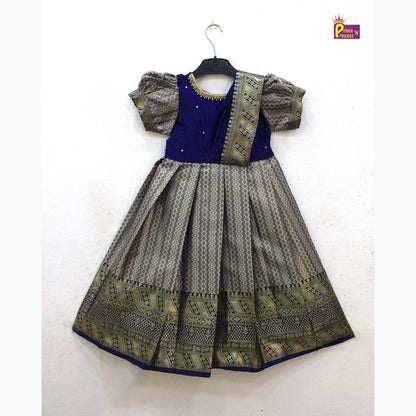 Pattu Gown Pepsi Blue Aari Work Banarasi Silk with Shawl | Baby Girl Festive Wear PG579