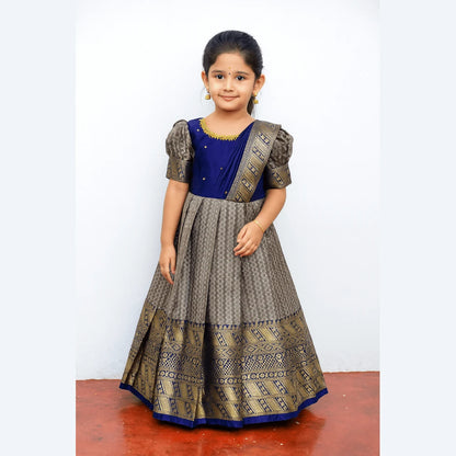 Pattu Gown Pepsi Blue Aari Work Banarasi Silk with Shawl | Baby Girl Festive Wear PG579