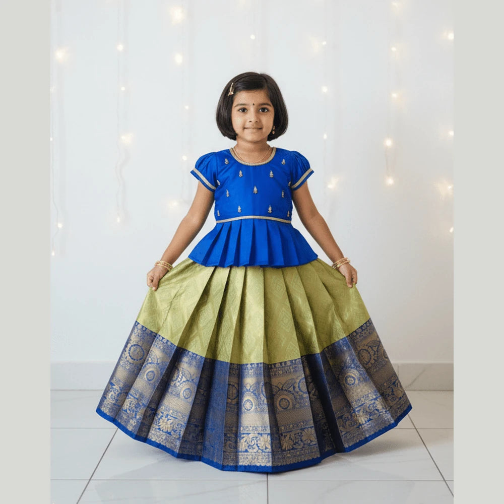 Kids Pepsi Blue With Pista Green Traditional Aari Work Pattupavadai PPP1922