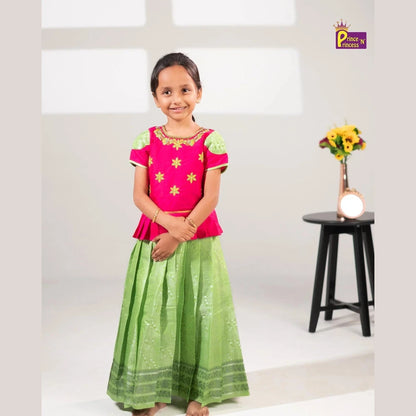 Kids Pink And Green Aari Work Traditional Pattu Pavadai PPP1180