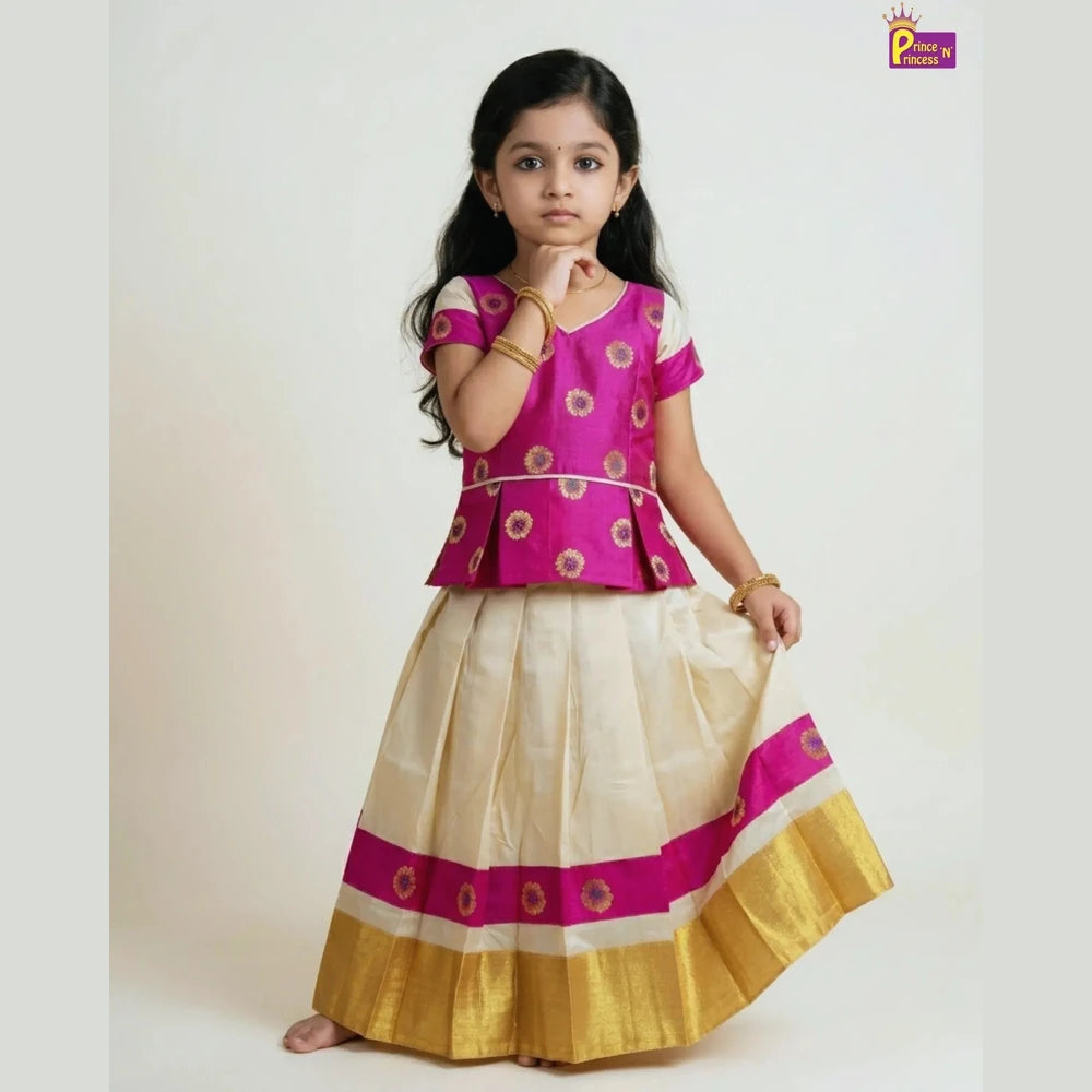 Kids Pink And Half white Traditional Pattu Pavadai PPP1346