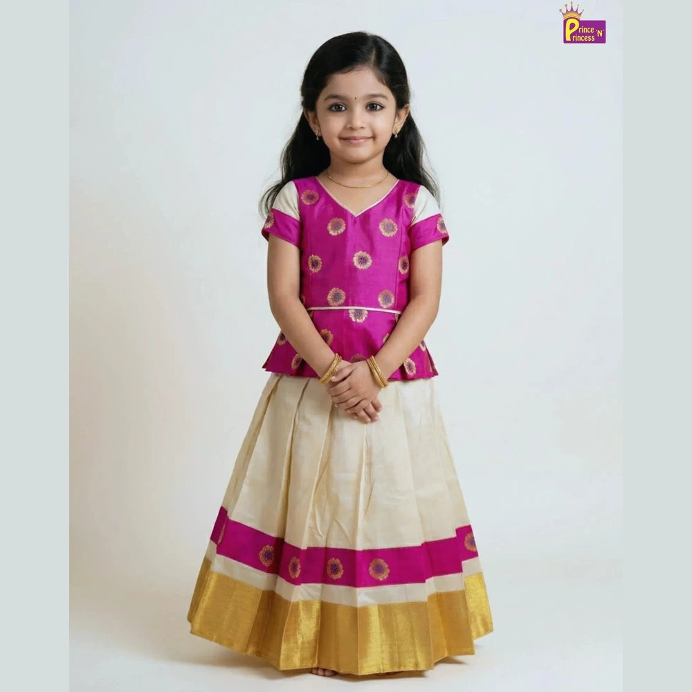 Kids Pink And Half white Traditional Pattu Pavadai PPP1346