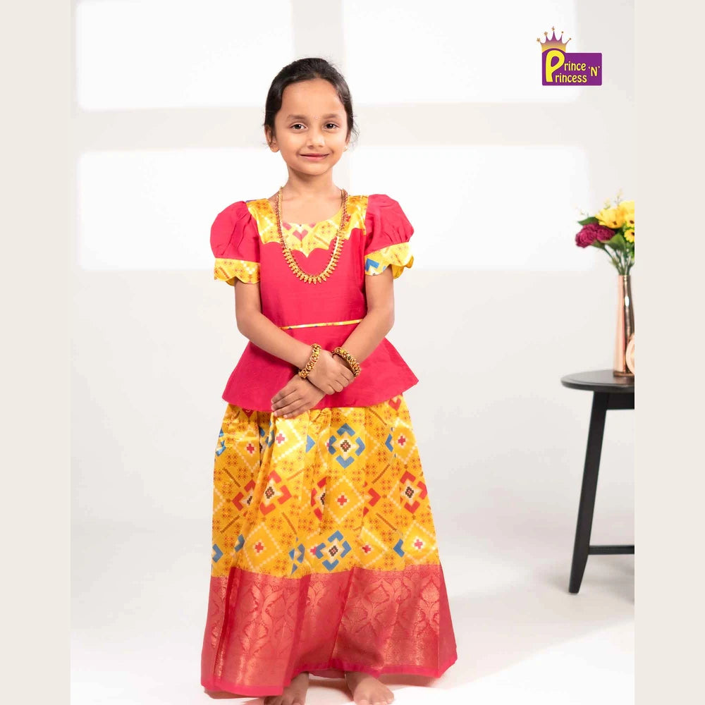 Kids Pink and Yellow Traditional Pattupavadai PPP1593