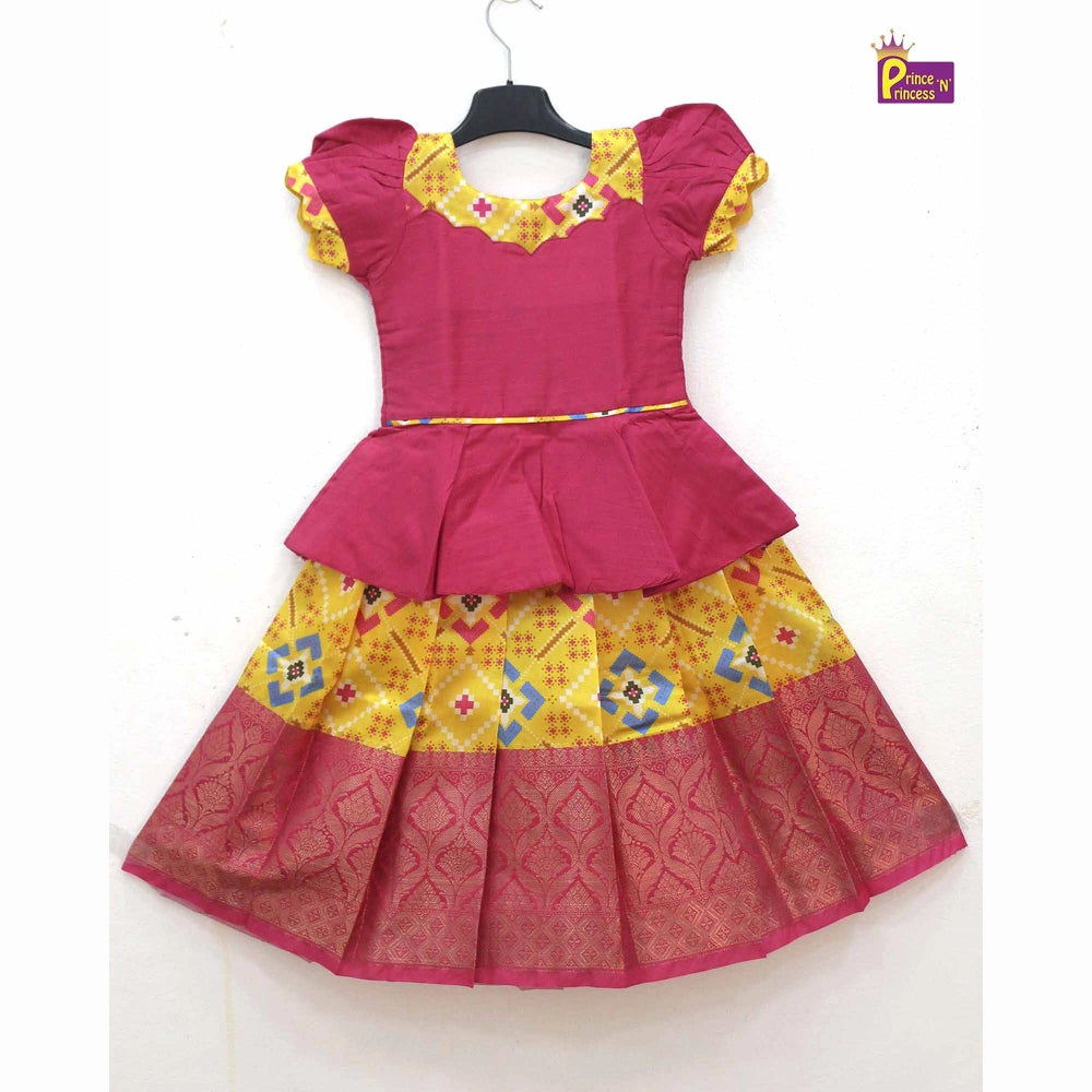 Kids Pink and Yellow Traditional Pattupavadai PPP1593