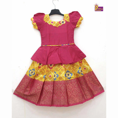 Kids Pink and Yellow Traditional Pattupavadai PPP1593