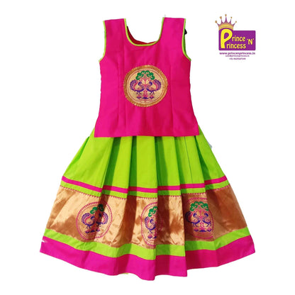 Kids Pink Green Traditional Pattu Pavadai PPP903