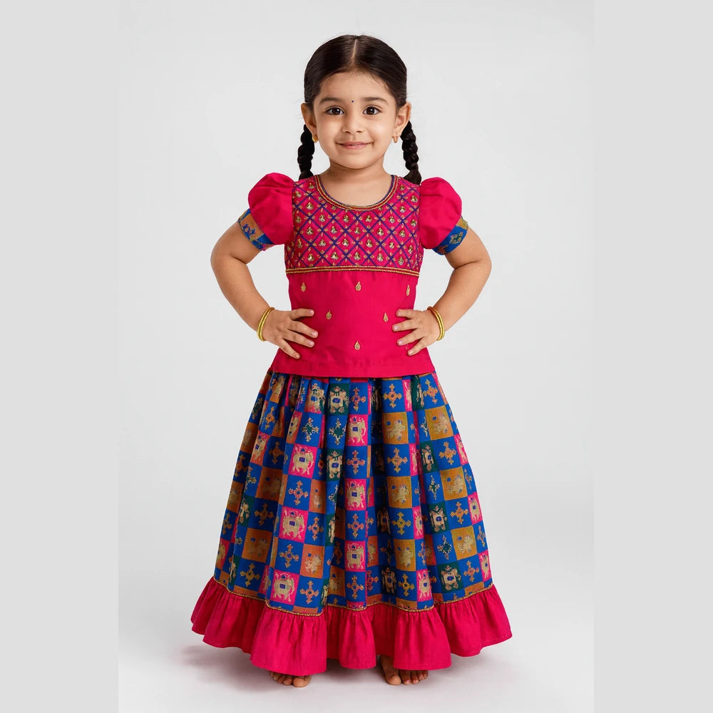 Kids Pink Multi Colour Heavy AARI Work Traditional Pattu Pavadai PPP1006