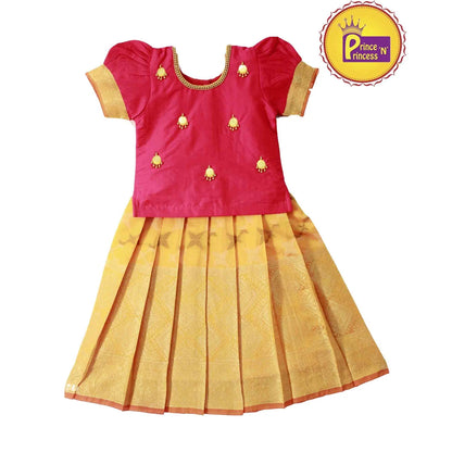 Kids Pink Orange Traditional AARI Pattu Pavadai PPP875