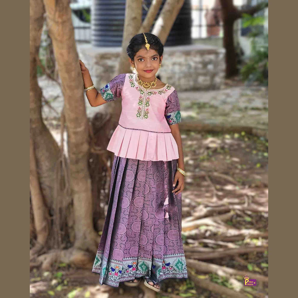 Kids Pink Raw Silk tops AARI Work Pattu Pavadai PPP1543