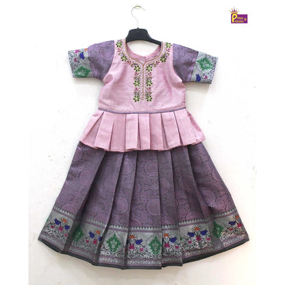 Kids Pink Raw Silk tops AARI Work Pattu Pavadai PPP1543