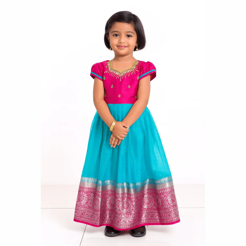 Kids Pink Skyblue Organza AARI Ethnic Party Gown PG347