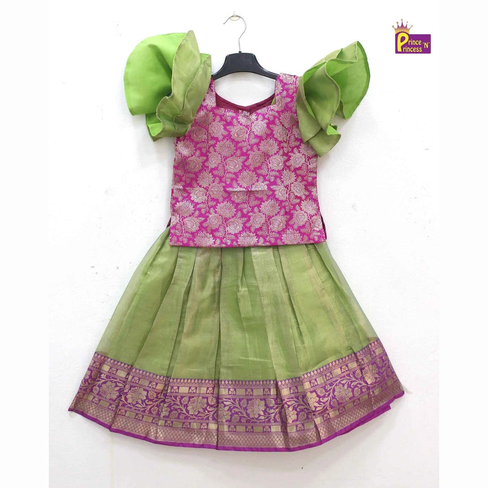 Kids Pink with Green Traditional Pattupavadai PPP1614