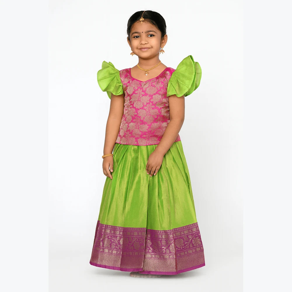 Kids Pink with Green Traditional Pattupavadai PPP1614