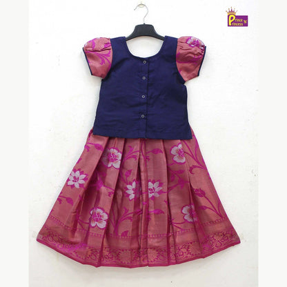 Kids Pink with Navy Traditional Aari Pattupavadai PPP1749