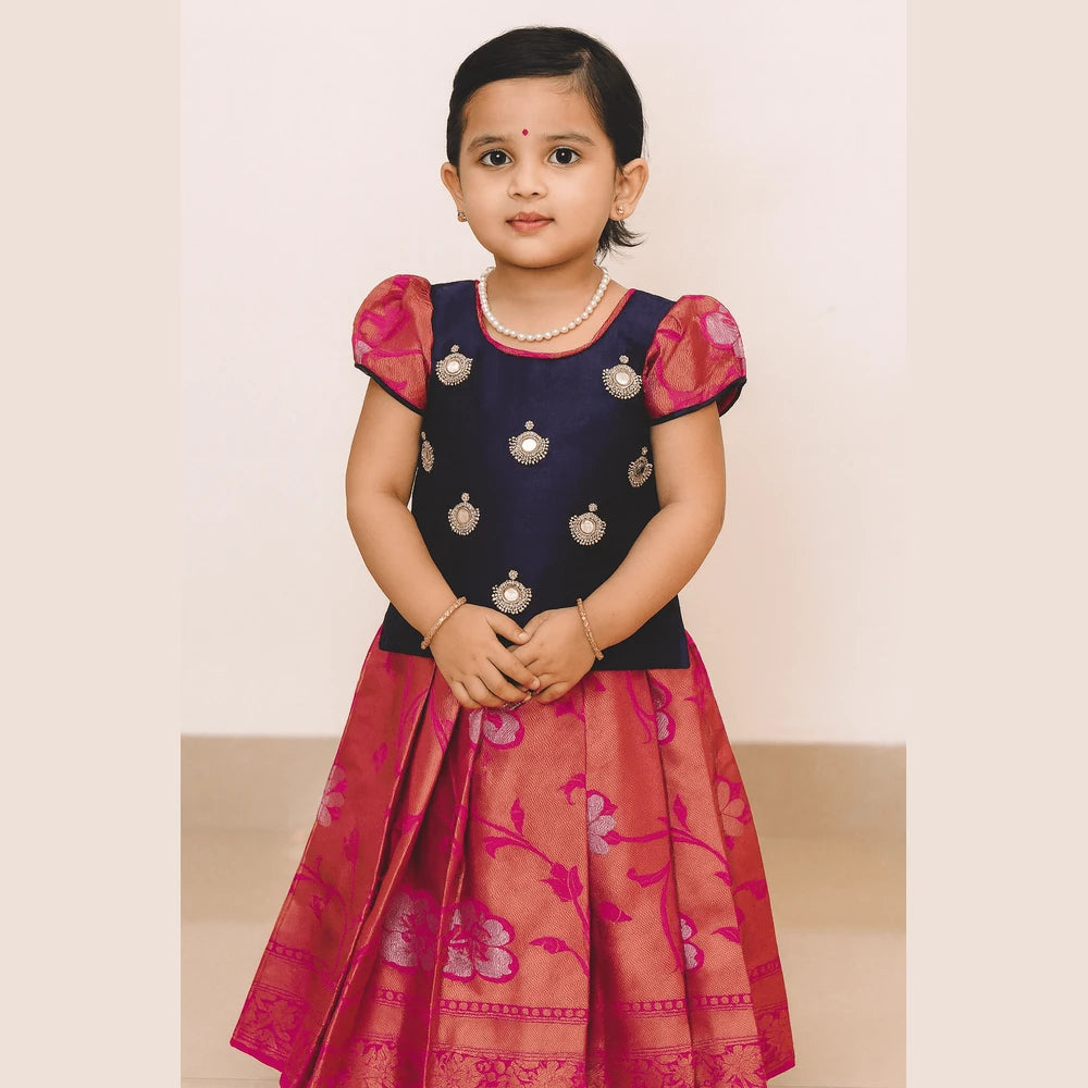 Kids Pink with Navy Traditional Aari Pattupavadai PPP1749