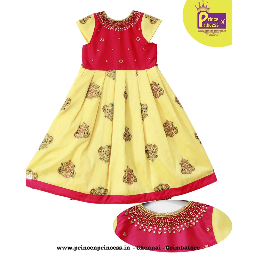 Kids Pink Yellow Organza AARI Ethnic Party Gown PG185