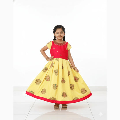 Kids Pink Yellow Organza AARI Ethnic Party Gown PG185