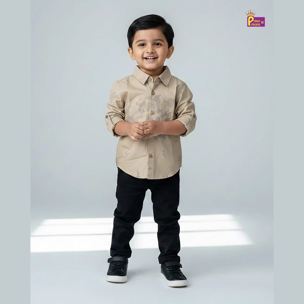 Kids Printed Full Sleeve Shirt in Beige ST219