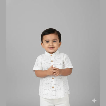 Kids Printed Half Sleeve Shirt in White ST203