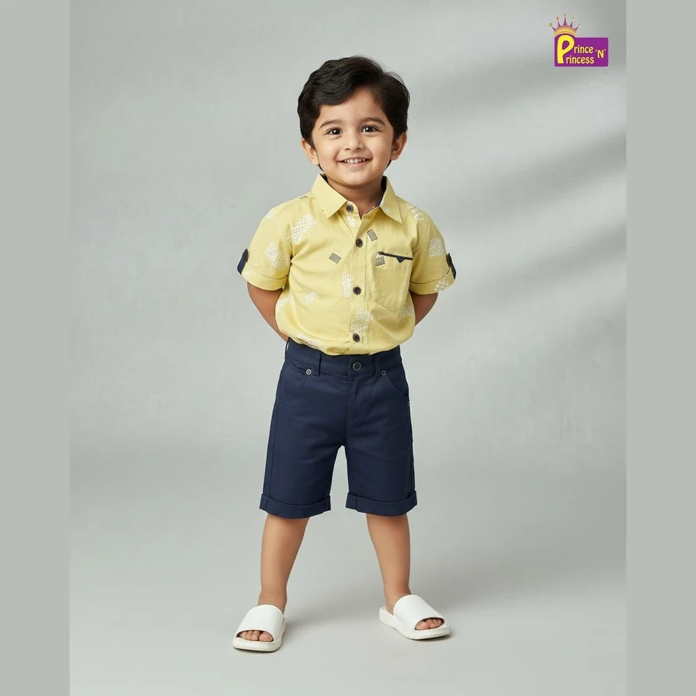 Kids Printed Half Sleeve Shirt in Yellow with Navy ST221