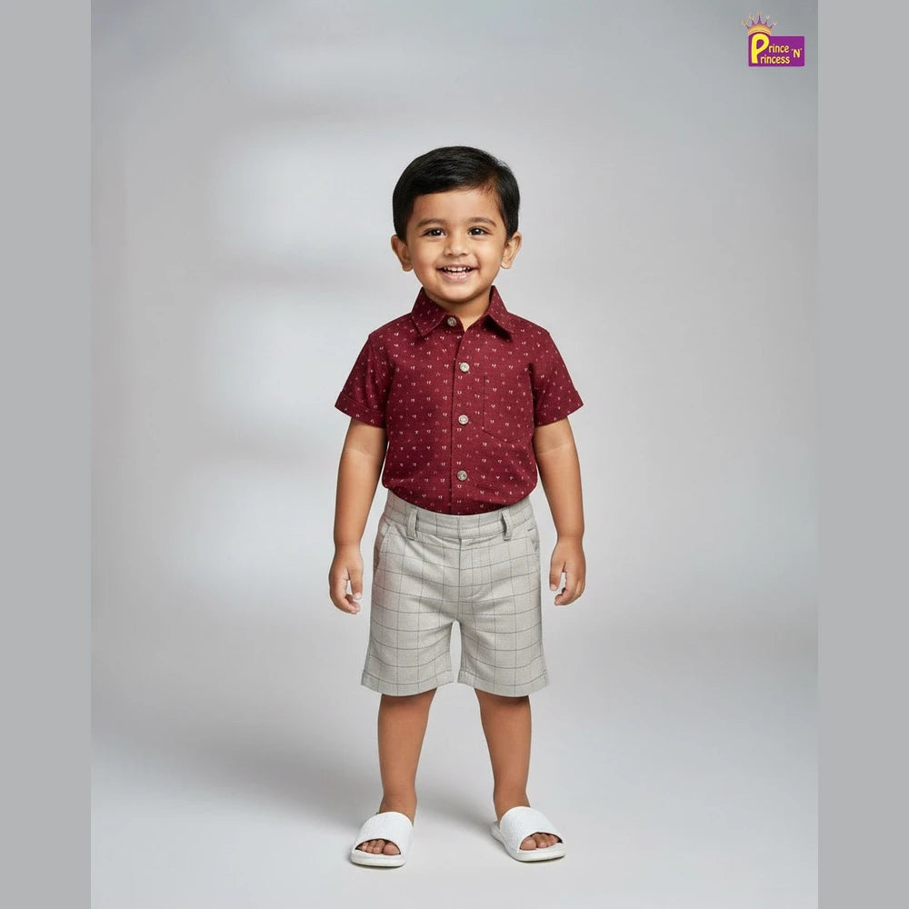 Kids Printed Half Sleeve Shirt Maroon with Grey ST223