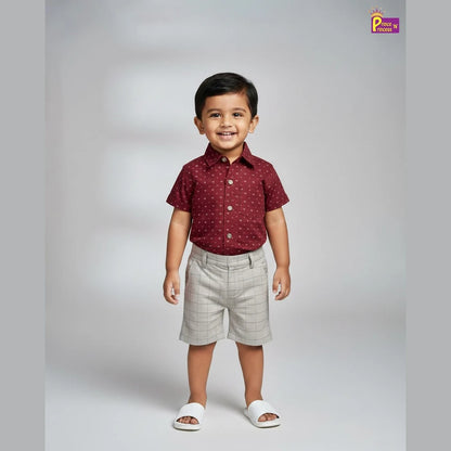 Kids Printed Half Sleeve Shirt Maroon with Grey ST223
