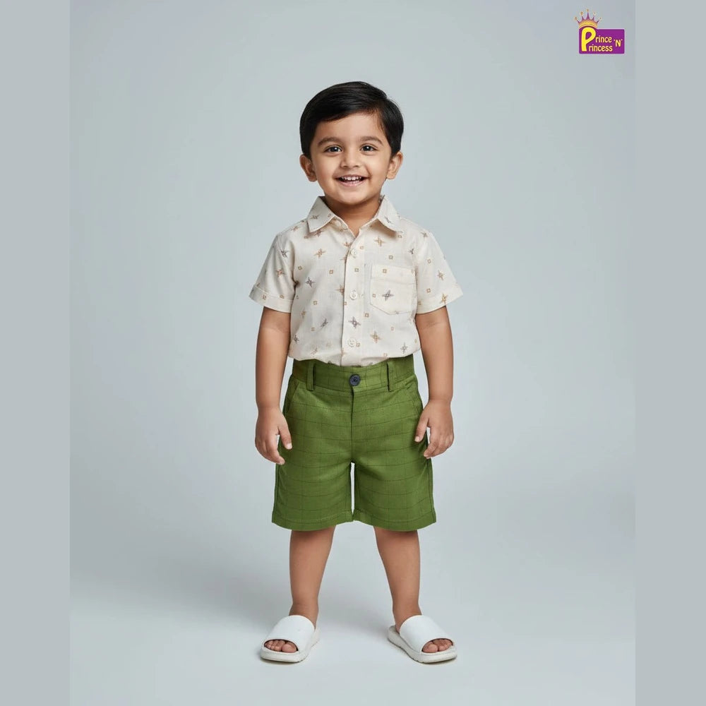 Kids Printed Half Sleeve Shirt Off White with Green ST222