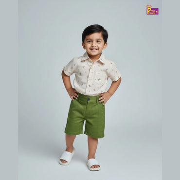Kids Printed Half Sleeve Shirt Off White with Green ST222