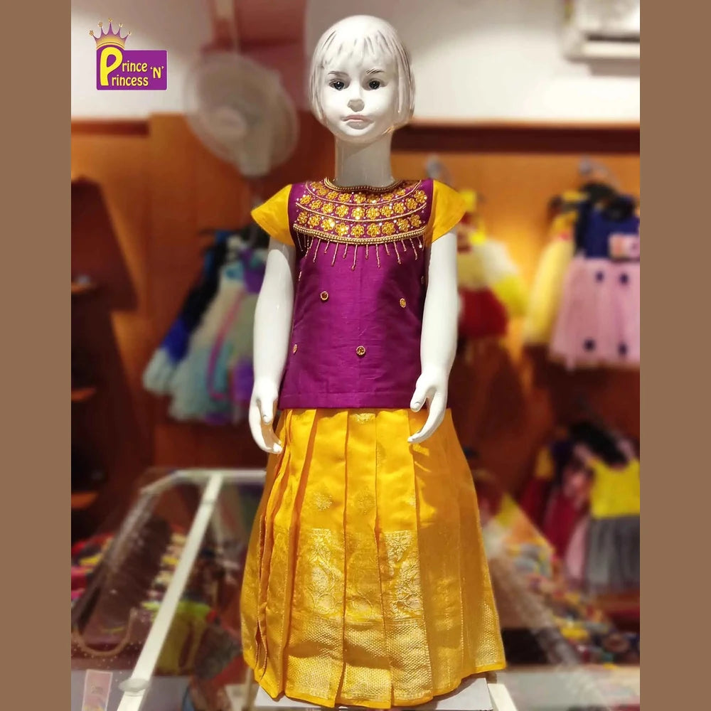 Kids Purple And Yellow AARI Work Pattu Pavadai PPP925