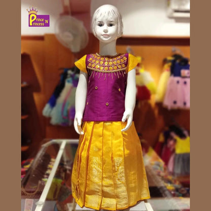 Kids Purple And Yellow AARI Work Pattu Pavadai PPP925