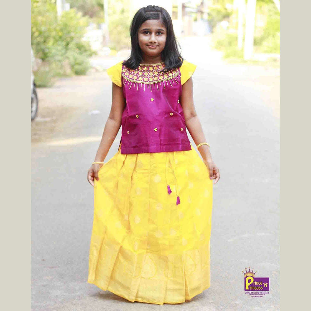 Kids Purple And Yellow AARI Work Pattu Pavadai PPP925