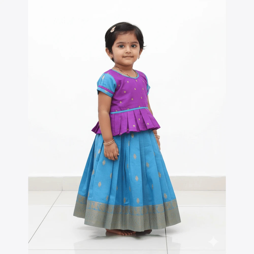 Kids Purple Blue Traditional Pattu Pavadai PPP1201
