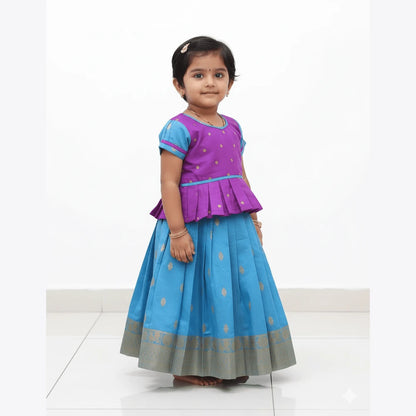 Kids Purple Blue Traditional Pattu Pavadai PPP1201