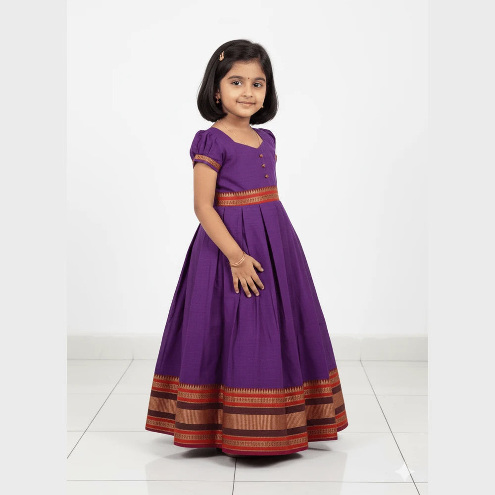 Pattu Gown Purple Chettinad Cotton Star Neck | Baby Girl Traditional Gown PG615