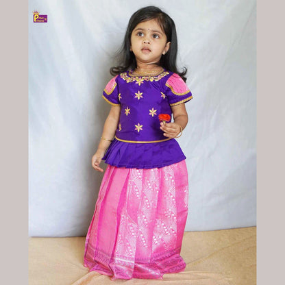 Kids Purple With Pink Aari Work Traditional Pattu Pavadai PPP1173