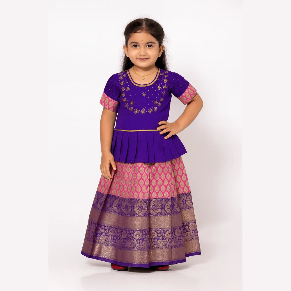 Kids Purple with Pink Traditional AARI Work pattu Pavadai PPP1652