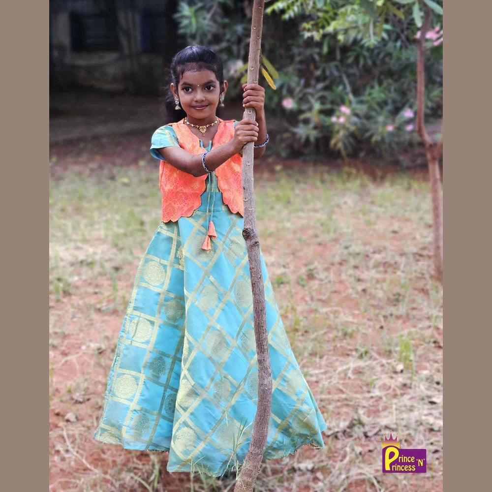 Kids Rama Blue Dark Peach Ethnic Coat Gown PG451