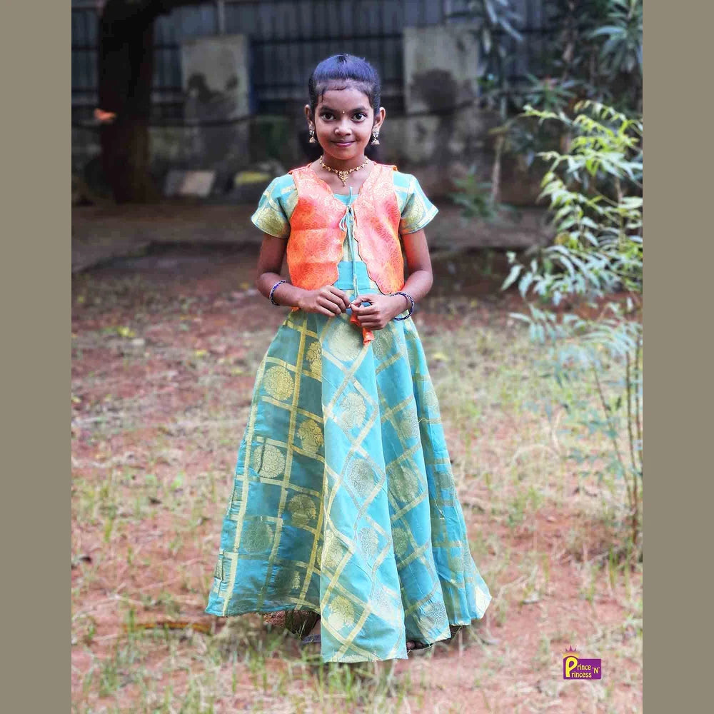 Kids Rama Blue Dark Peach Ethnic Coat Gown PG451